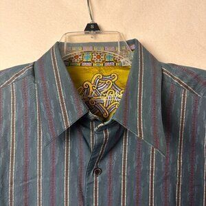 Robert Graham‎ Shirt Mens XL Bluish gray burgundy stripes colorful flip cuff